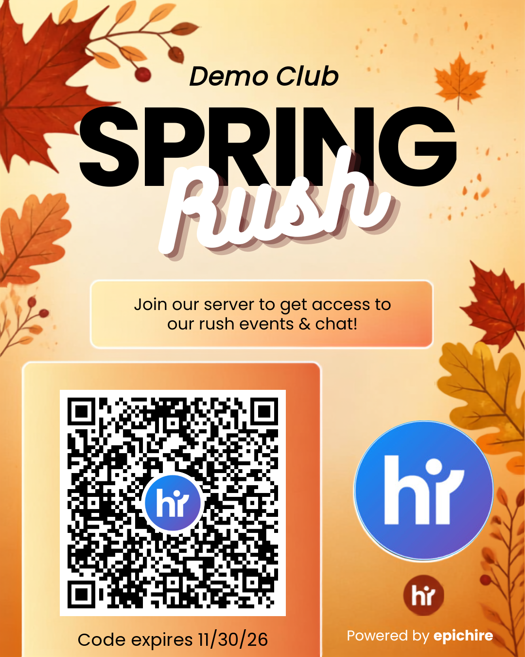 A generated Spring Rush graphic carrying the club's invite QR code and its expiry date