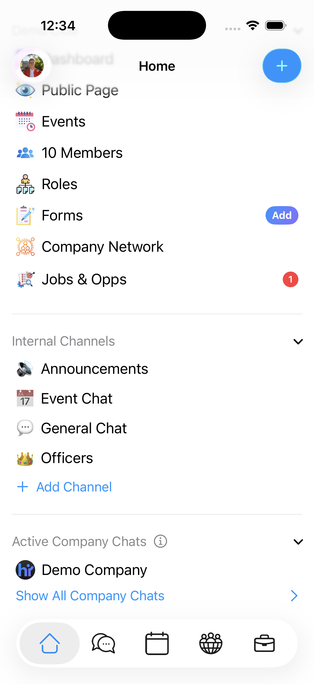 A club's channel list on iOS