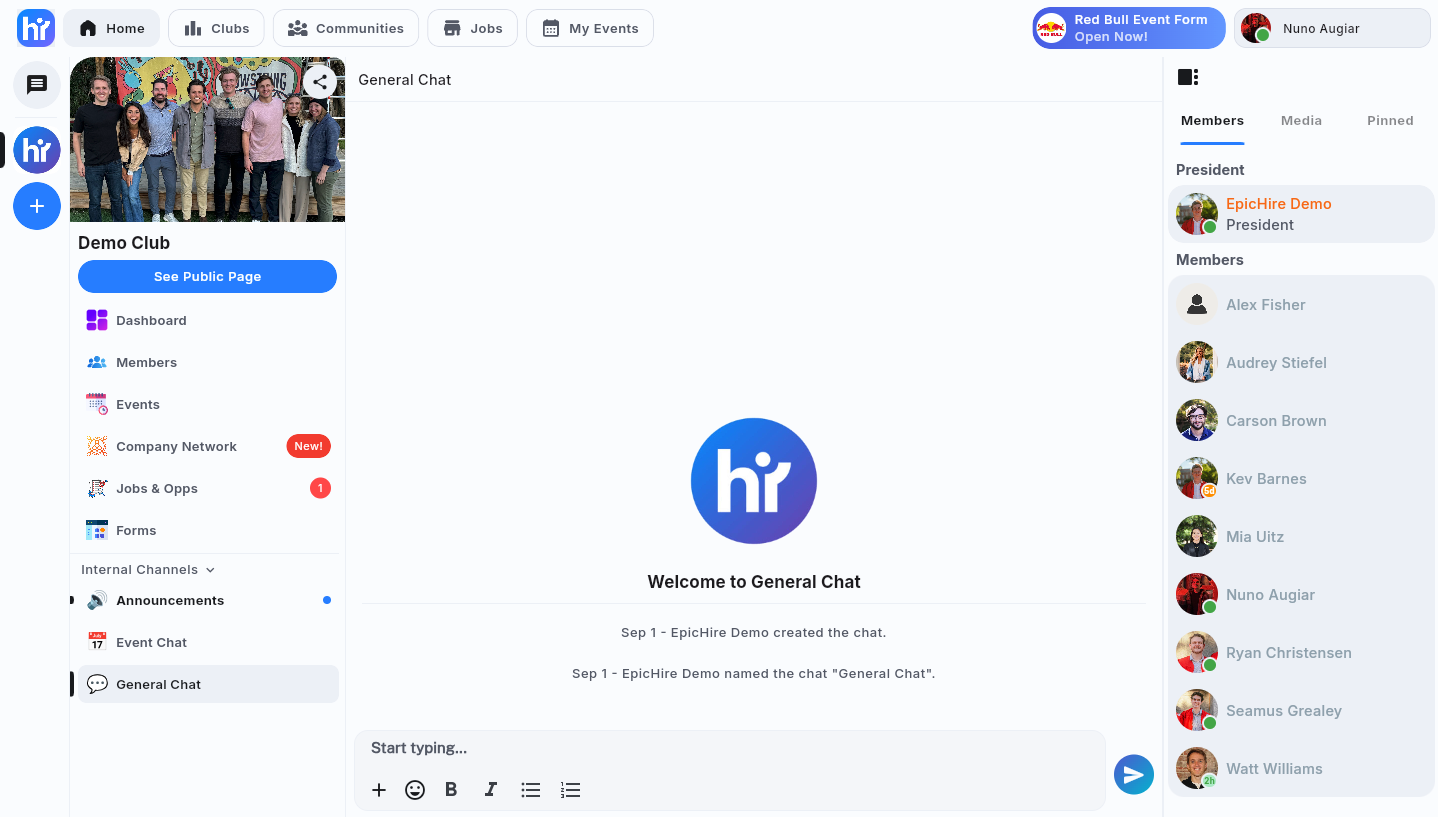 The club channel sidebar in the web app with unread badges