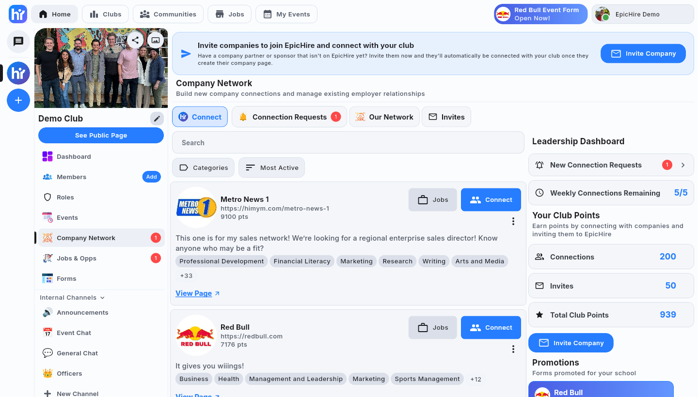 The Connect tab listing companies with the weekly connections remaining in the sidebar