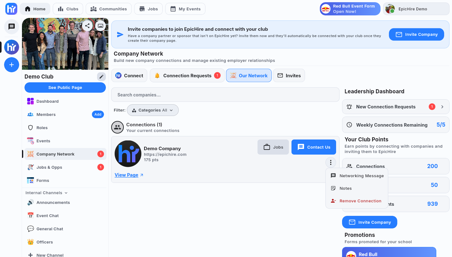 The Our Network tab with a connected company and its row menu open