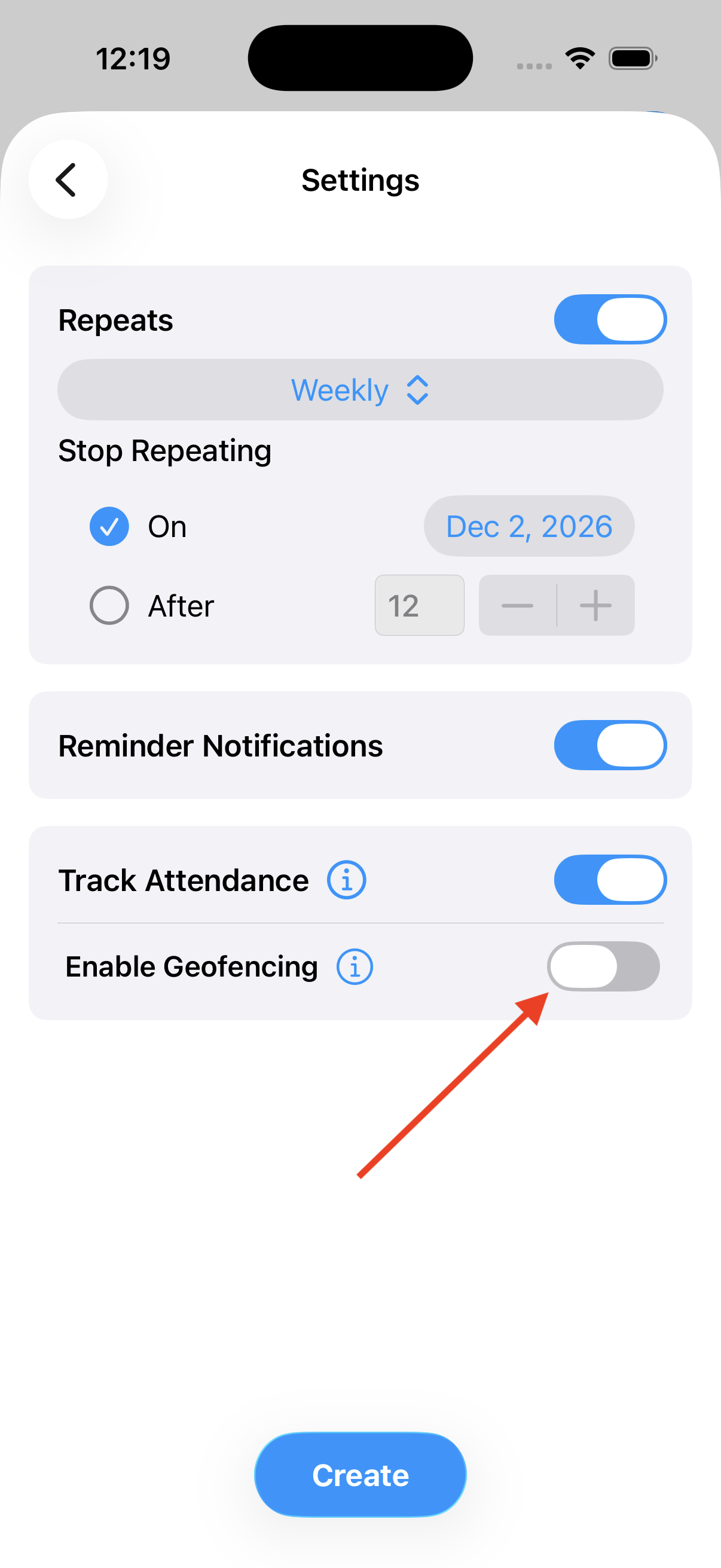 The event Settings screen with Track Attendance on and Enable Geofencing highlighted