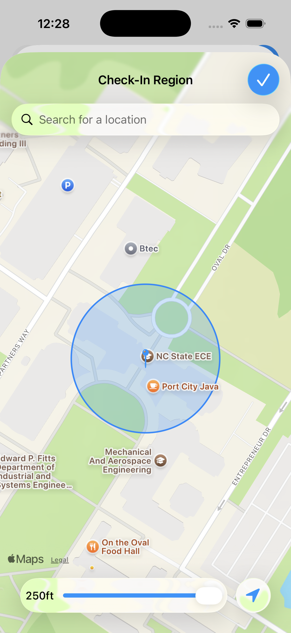The Check-In Region map with the radius circle and a 250ft slider