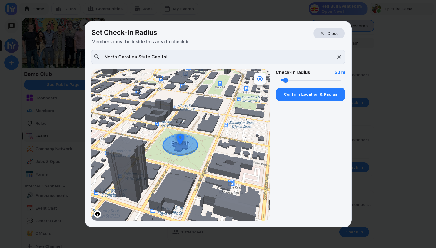 The radius slider set to 50 m with the ring redrawn on the map