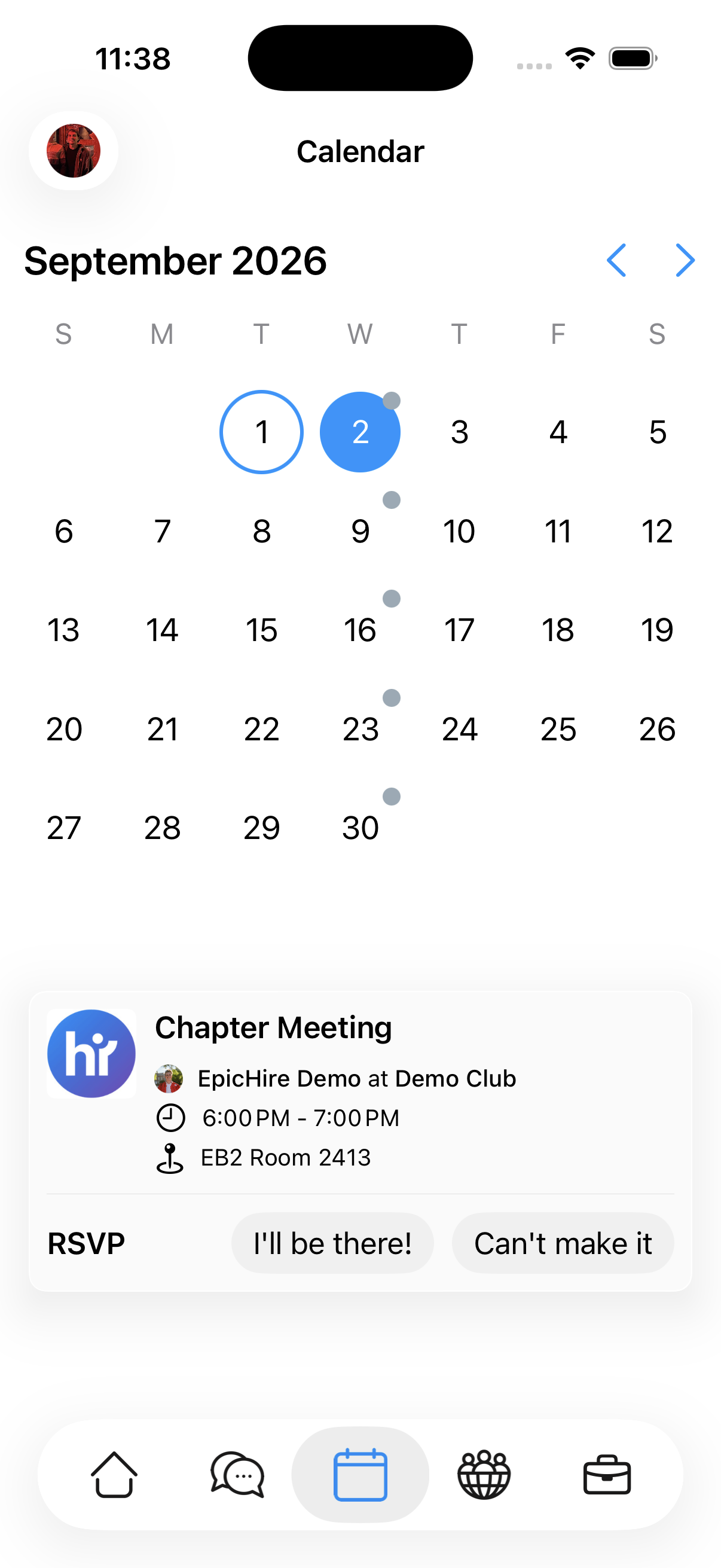 The Calendar tab listing upcoming club events