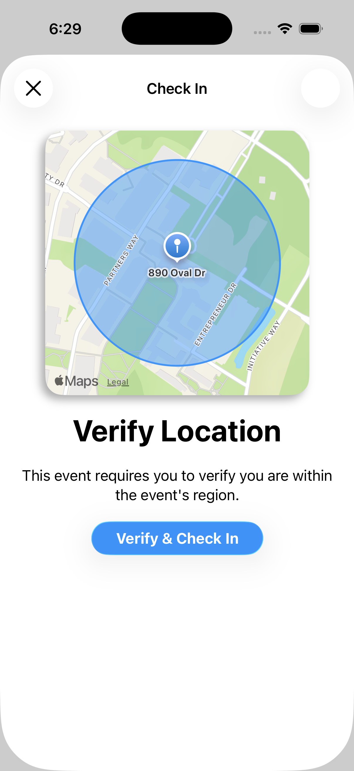 A geofenced event showing the distance-away state on the check-in button