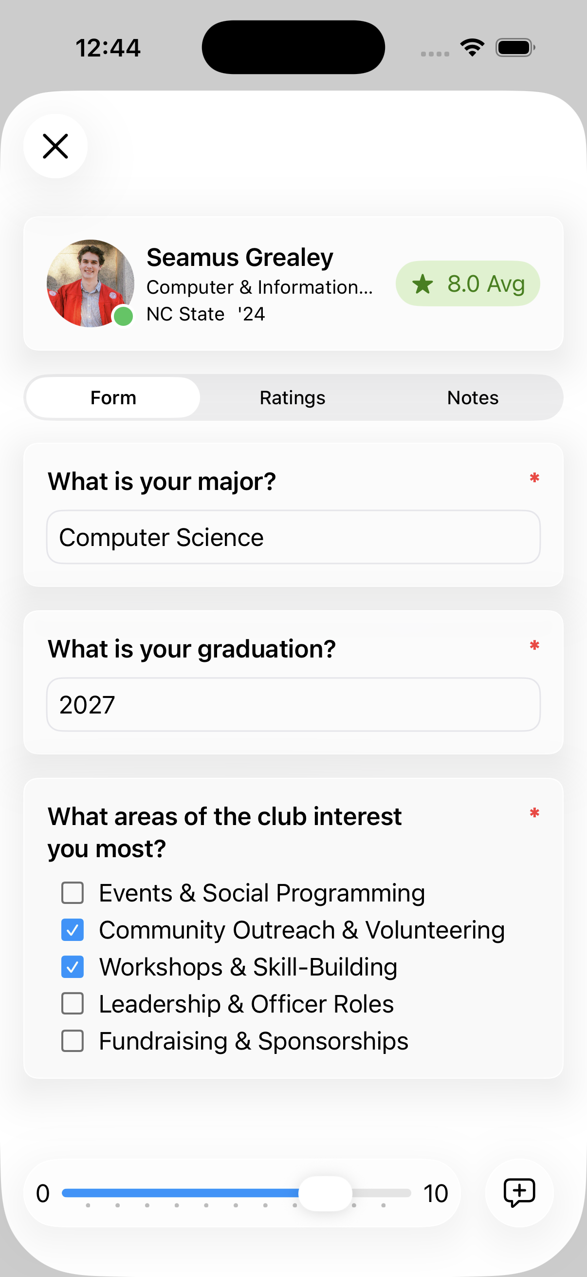 A submission's Form tab with the answers and the 0 to 10 rating slider