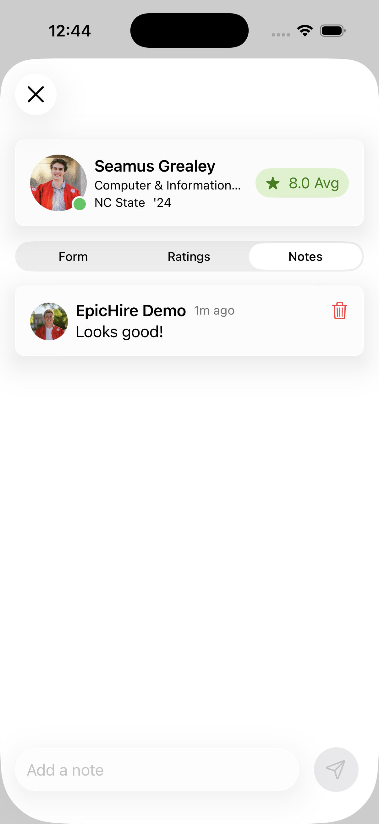 The Notes tab on a submission with a note from an officer