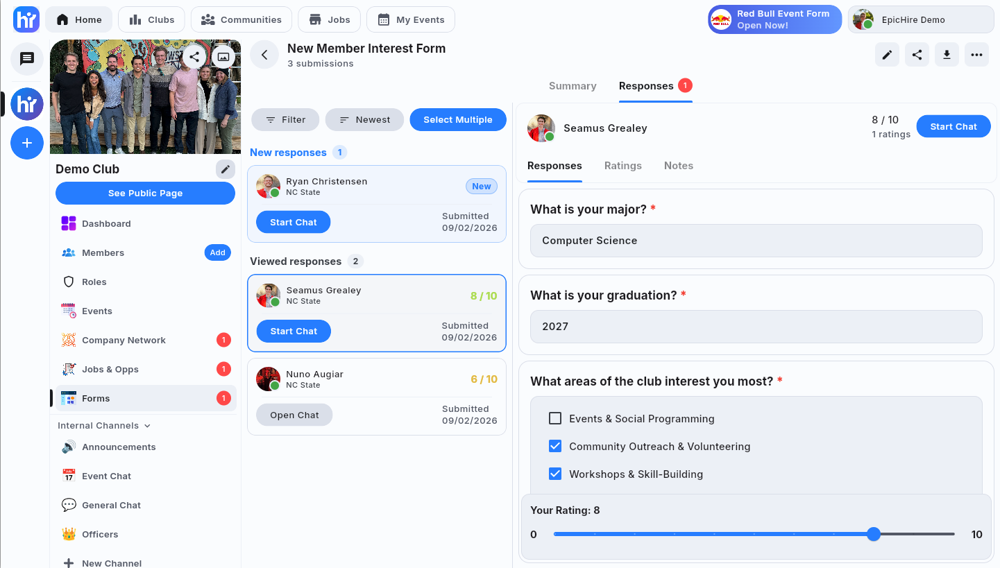The Responses view with new and viewed responses and a submission open for rating