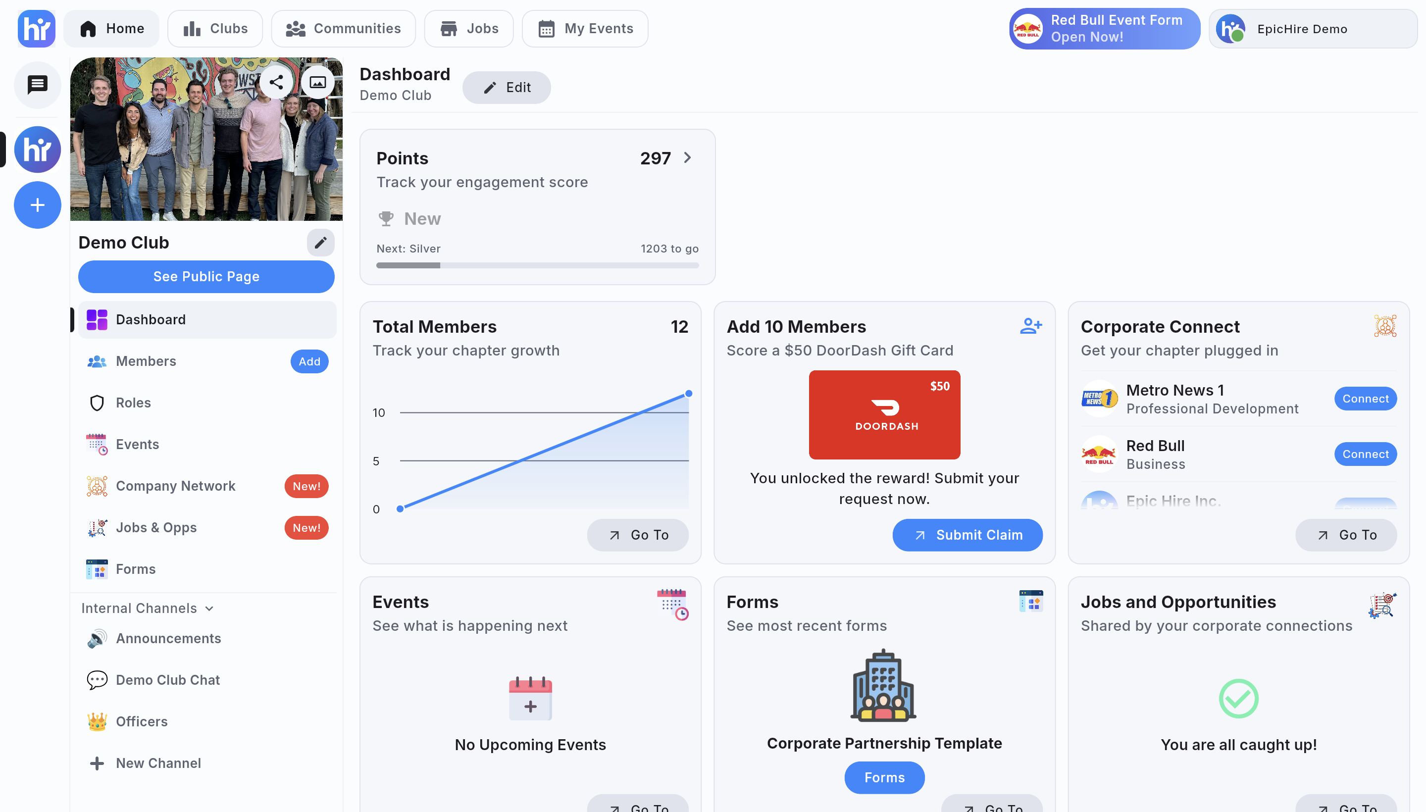 A club dashboard with the channel sidebar, members and events