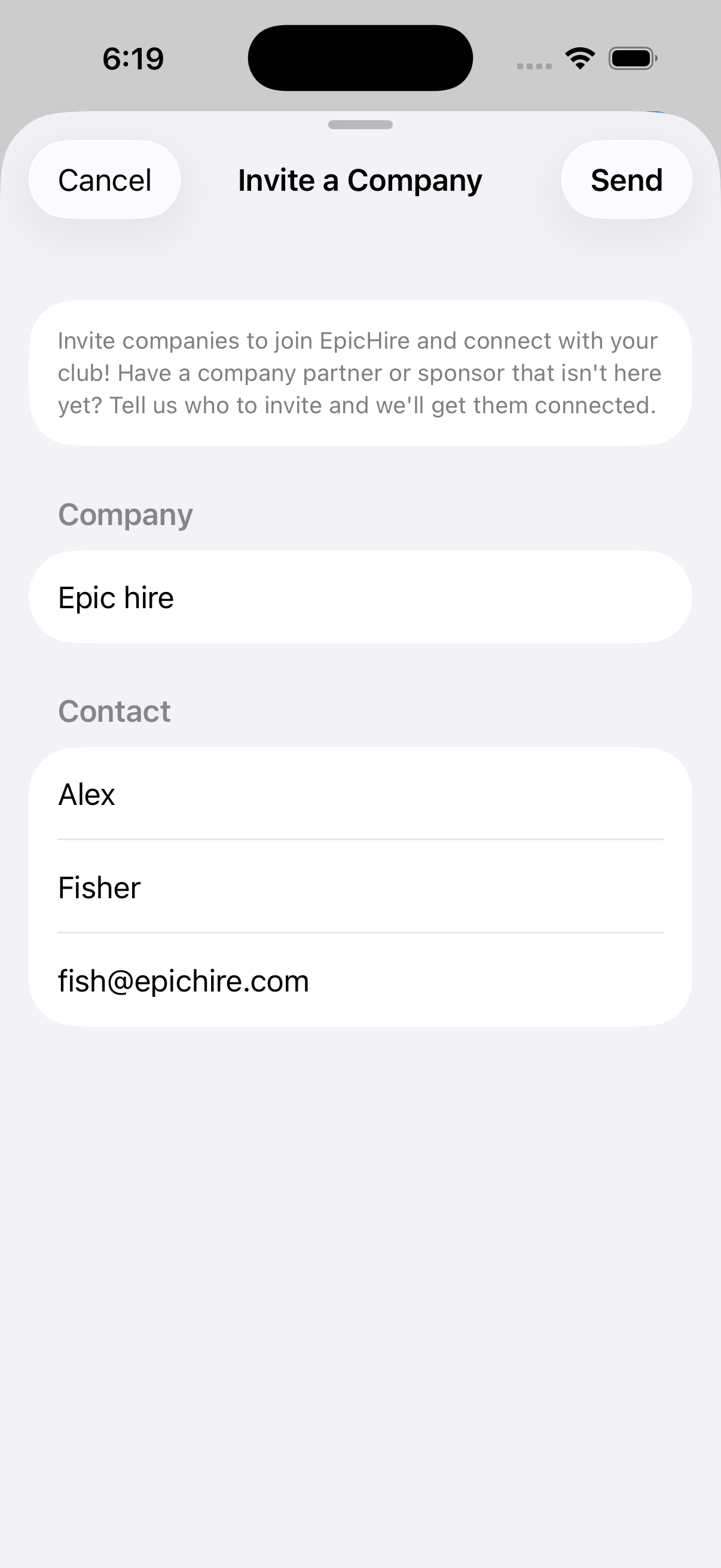 The Invite a Company sheet with the company and contact fields