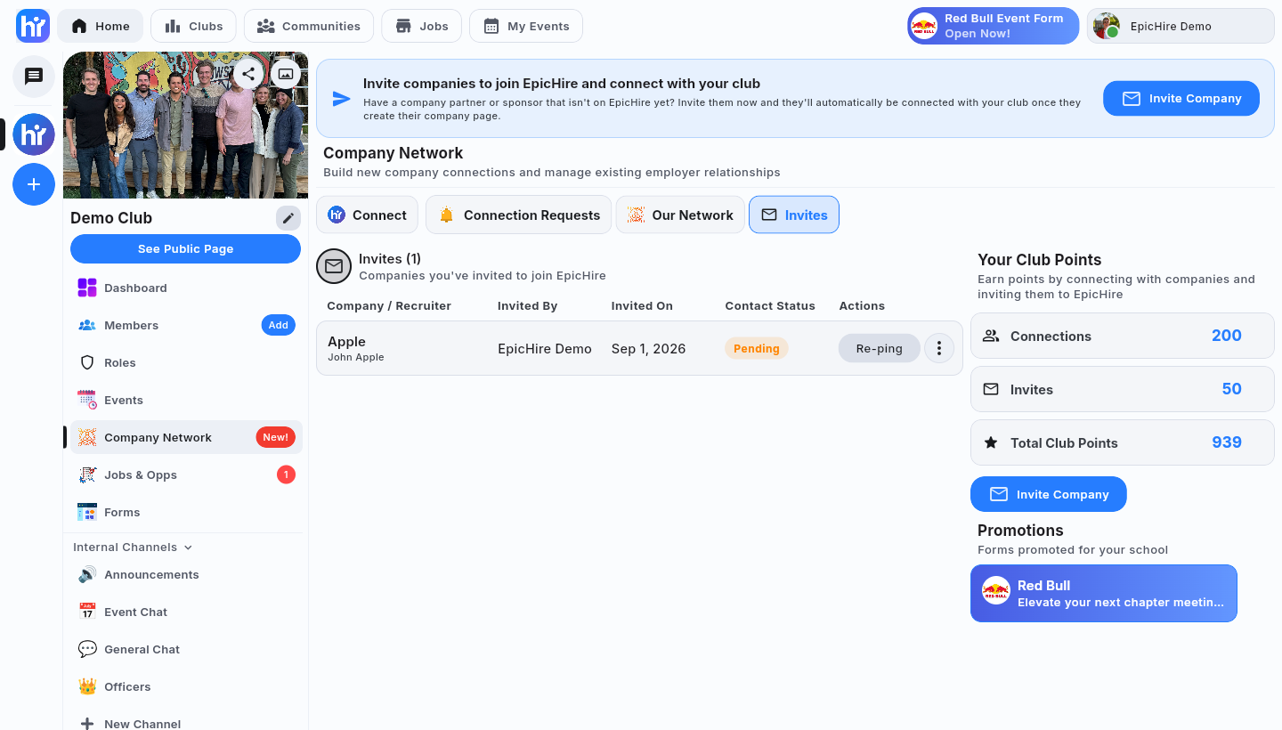 The Invites tab listing a pending invite with its status and Re-ping action