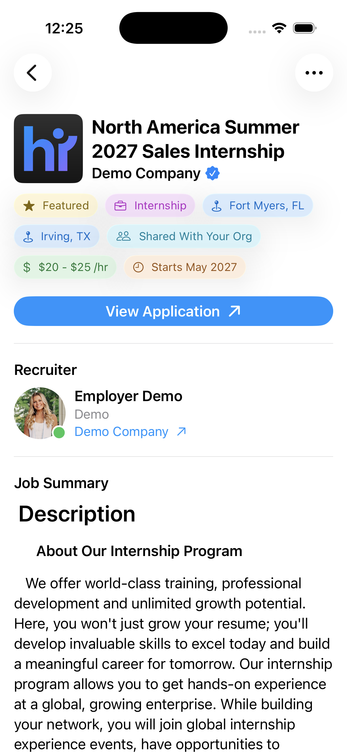 A job detail screen with its apply action