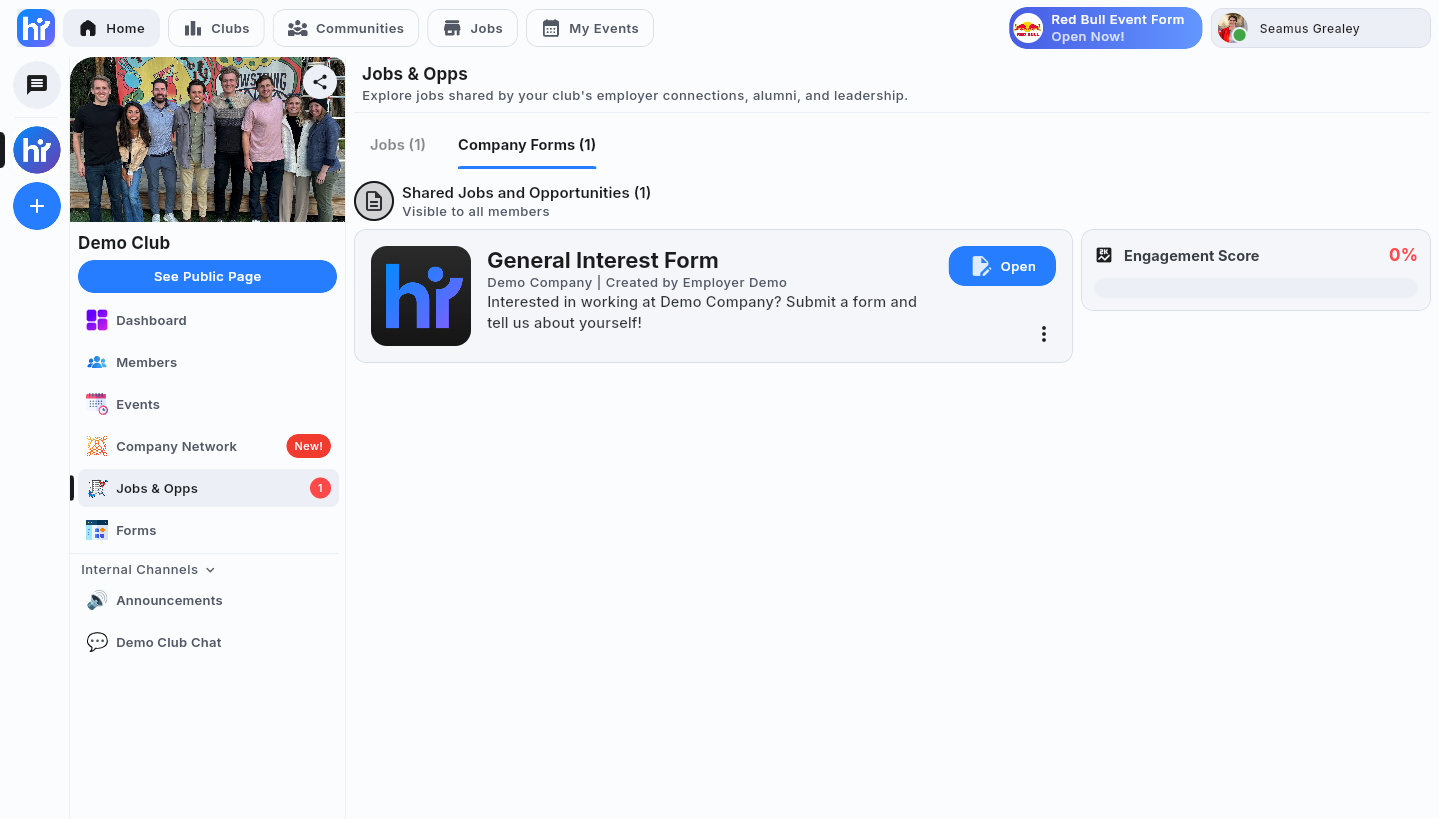 The shared company forms tab in Jobs & Opps