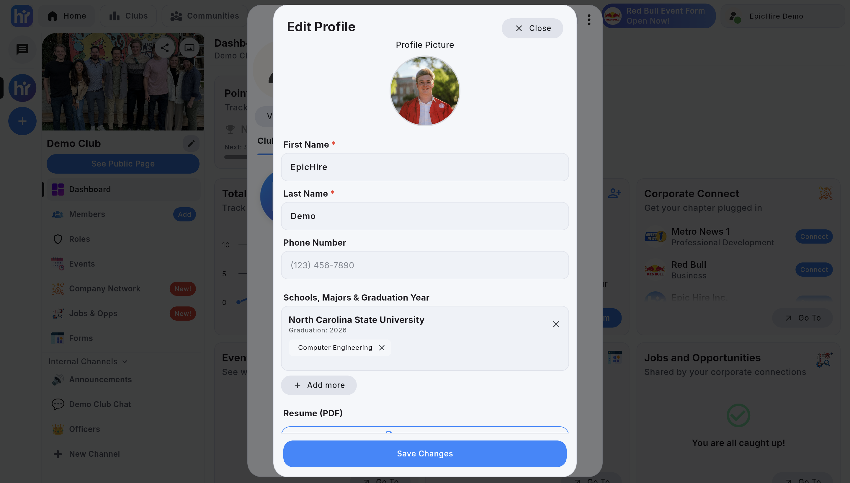 The edit profile dialog with photo, school, major and graduation year