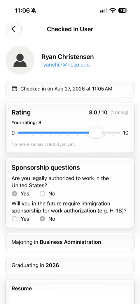 The Rating card on an attendee's detail screen, with the 0-10 slider